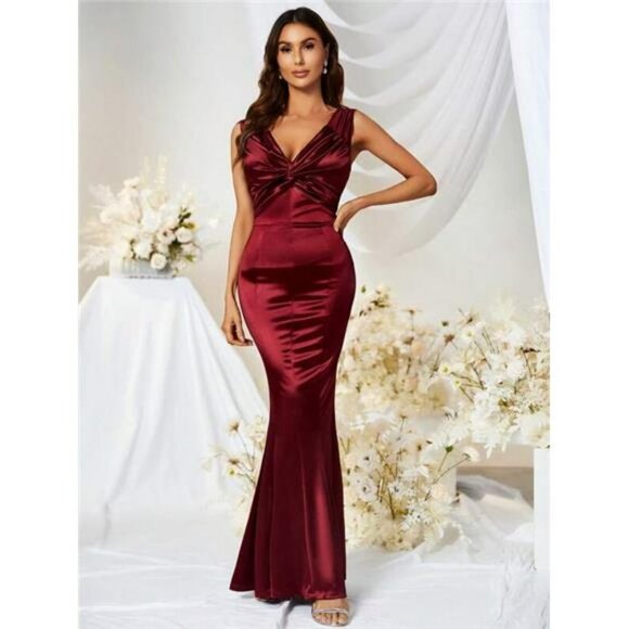 Women's Plus Size Red Satin Dress Formal Prom Bridesmaid Long Maxi Dress Gown - Picture 1 of 7